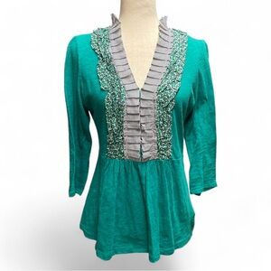 Anthropologie Deletta Y2K Preppy Green Ruffle Vneck Peplum Top Medium New Girl‎